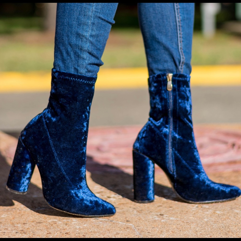 Blue Crushed Velvet Booties